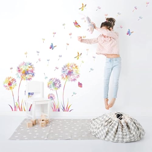 KAIRNE Wandtattoo Pusteblume,Blumen Wandtattoo für Kinderzimmer Mädchen,Bunt Wandsticker Löwenzahn für Schlafzimmer,Pflanzen Blumen Wandaufkleber für Wohnzimmer Babyzimmer Küche Fenster Tür Wanddeko