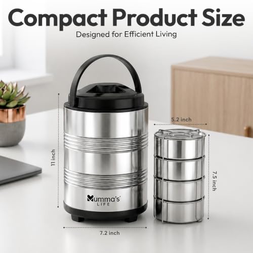 Image of Mumma's LIFE Lunch Box Steel Stainless | 4 Container Multipurpose Dishwasher Safe Tiffin Box for Office Use & School | Silver Finish Meal Carrier for Daily Use