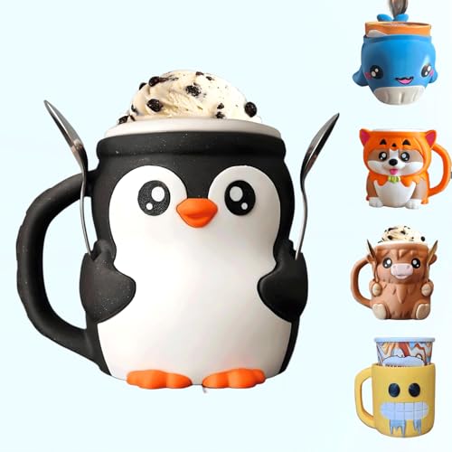 Younixo Penguin Ice Cream Holder, Fits 1 Pint Ice Cream Pint Holder, Ice Cream Cup for Kids & Adults Family Sharing with Spoon, Popsicle & Beer Cozy Mug Containers (penguin)