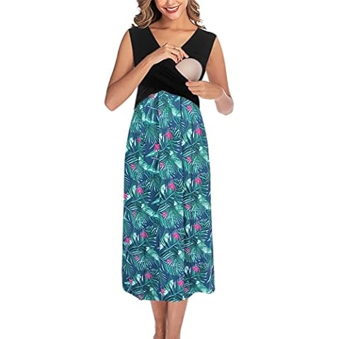 PARNIXS Fashion Women's Nursing Tank Dress Sleeveless Maternity Nursing Dress, Green, X-Large Cover