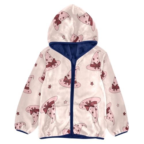 Pink Witch Hats Pattern Toddler Fleece Jacket Girl Boys Hooded Fleece Jacket Coat Warm Outwear Zip-up 3-10T