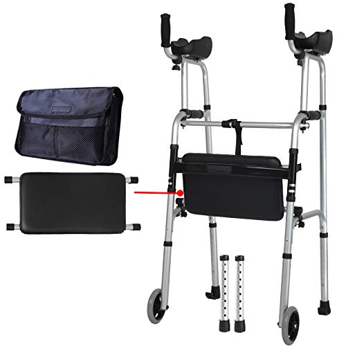 Gaofan Healthcare Height Adjustable Folding Lightweight Aluminium Rollator Walking Frame With Wheels,With Seat,Cane Holder And Locking Brakes Handle,Mobility Walking Aid #TOP13