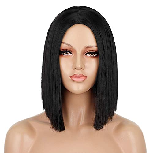 ENTRANCED STYLES Short Black Wigs for Women Straight Bob Wigs for Girls Heat Resistant Synthetic Wigs 12 Inch Middle Part Hair Wigs for Halloween Cosplay Costume Party
