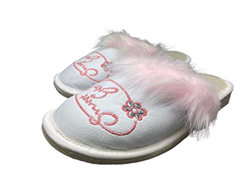 All4All Damen Hausschuhe warm gefüttert Schuhe Kunstleder Pantoletten 36 37 38 39 40 41 ideal für Weihnachten Geschenk weiß (Weiß-Rosa, Numeric_41) Cover