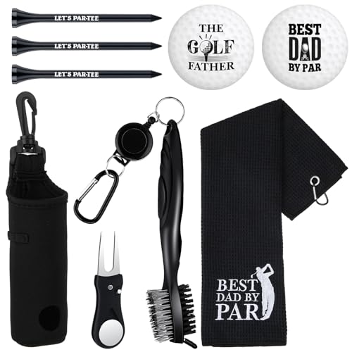 Realspring 9 Pcs Golf Accessories Kit Golf Club Cleaning Kit Include Microfiber Towel, Cleaner Brush, Ball and Tee Holder, Divot Repair Tool, Ball Bag with Hook for Men Women Gifts(Black,Classic)