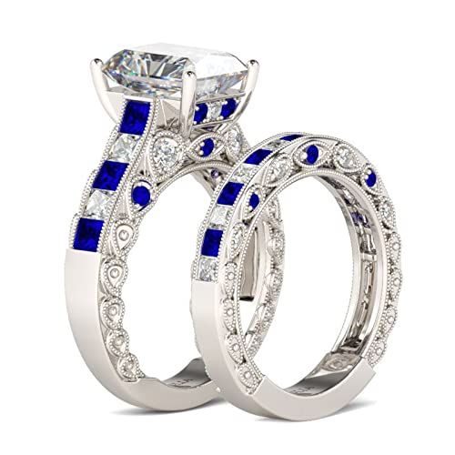 Jeulia Diamond Wedding Ring Set for Women：Sterling Silver Vintage Round Cut Halo Sapphire Blue Bridal Set Engagement Valentine's Anniversary with Jewelry Gift Box4