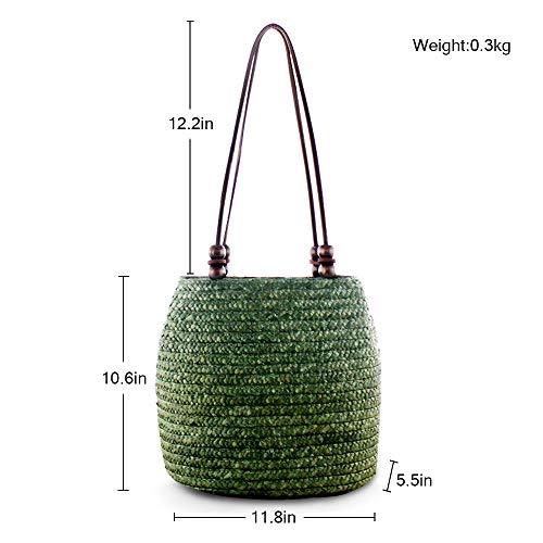 Women Retro Bucket Straw Bag Handwoven Rattan Beach Tote Shoulder Bag with Brown Bead (Green)2