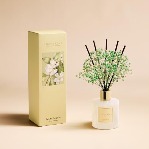 Image of COCORRINA Reed Diffuser - White Jasmine 6.7 Fl.oz Reed Diffuser Set with Sticks & Preserved Baby's Breath, Reed Diffuser for Home Bathroom Shelf Decor