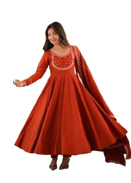 FASHION ROMAN CHANDERI SILK FABRIC FULLY FLARE ANARKALI, PANT WITH DUPATTA KURTA SET-picture-11
