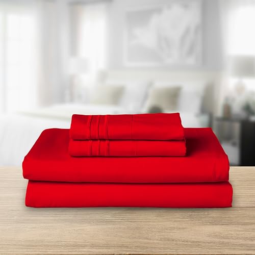 Image of Elegant Comfort Luxurious 1500 Premium Hotel Quality Microfiber Three Line Embroidered Softest 4-Piece Bed Sheet Set, Wrinkle and Fade Resistant, Twin /Twin XL, Red