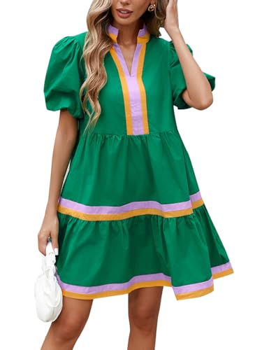 Image of LifeShe Womens Puff Sleeve Babydoll Dress V Neck Navy Blue Striped Color Block Tiered Mini Dresses