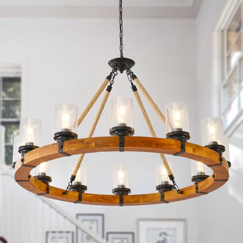 40 Wood Wagon Wheel Chandelier 12-Light Round Chandelier for High Ceilings