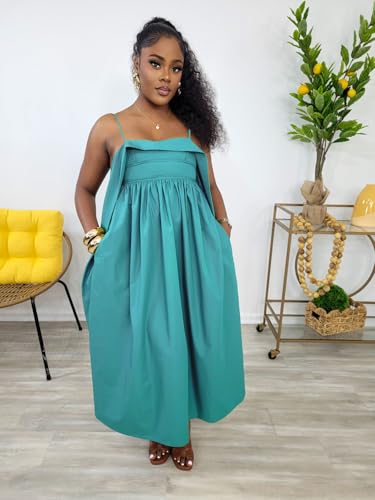 Image of YUEWOO Midi Dresses for Women Casual Summer Sundresses Vacation Outfits Spaghetti Strap Smocked Women Maxi Dress with Pockets