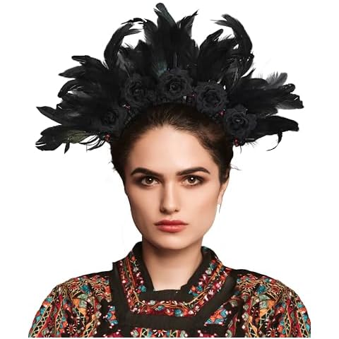 Zivyes Halloween Halo Crown Skull Crown Gothic Headpiece Witch Costume Raven Headband for Women(black feather) Cover