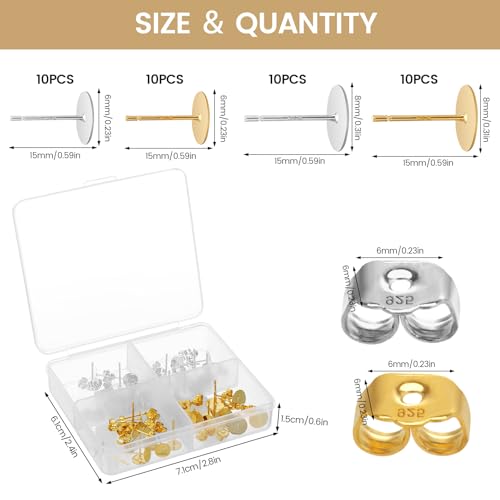 80 Stück Ohrringe Selber Machen Set, Sterling Ohrringe Ohrstecker Rohlinge und Butterfly Verschluss, Hypoallergen Ohrstecker Flache für die Schmuckherstellung 6/8 mm