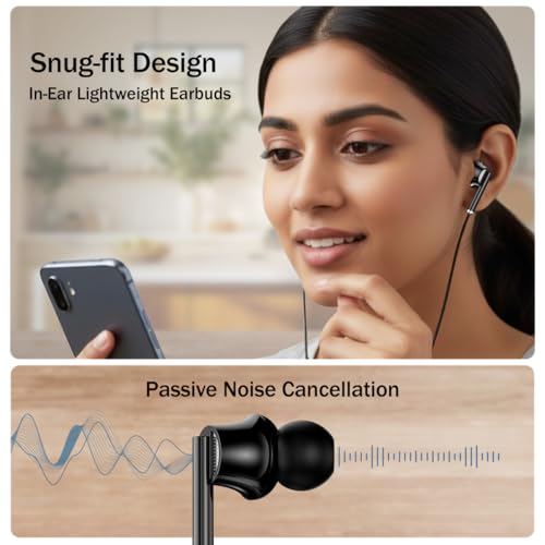 Image of pTron Boom Play X6 in-Ear Type C Wired Earphones with Mic, 14mm Drivers for Pristine Sound, 1.2M Tangle-Free Cable, in-Line Controls, Snug-Fit & Wide Compatibility with C Type Devices (Black)