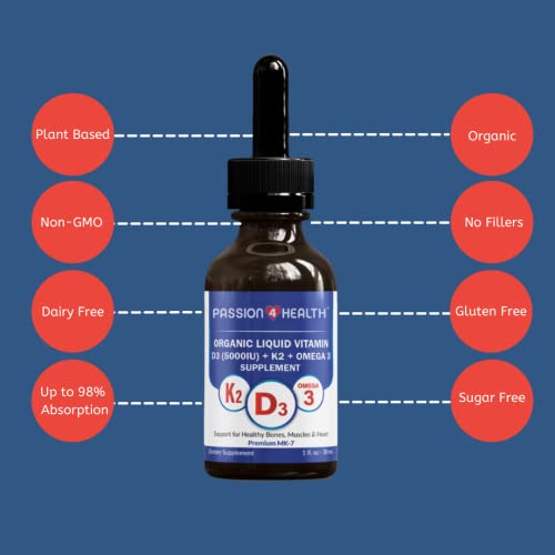 Passion 4 Health Organic Liquid Vitamin D3 (5000Iu) + K2 (Mk-7) + Omega 3 Supplement - Support For Healthy Bones, Muscles And Heart (1) #TOP1
