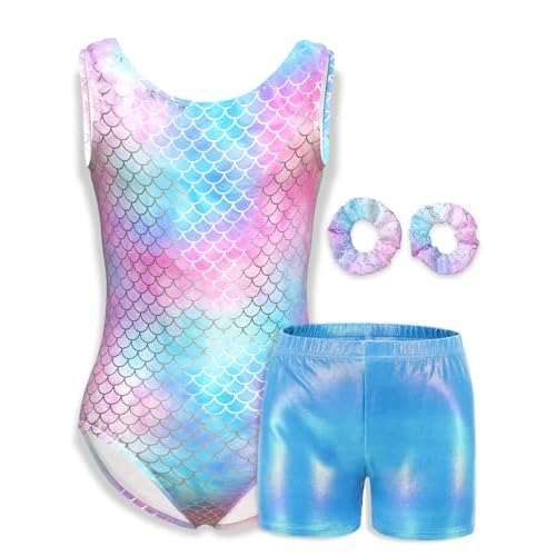 MOLLDAN Girls Gymnastics Leotard Athletic Biketard Unitard Tumbling Activewear Outfits for kids Blue-pink Set 6Y(6-7 Years)