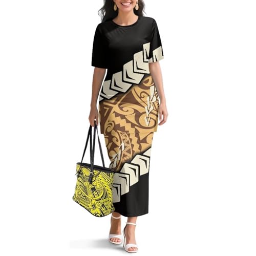 Image of Puletasi Polynesian Tribal Clothing Two Piece Skirt Set for Women Outfits Short Sleeve Top High Waist Midi Skirt