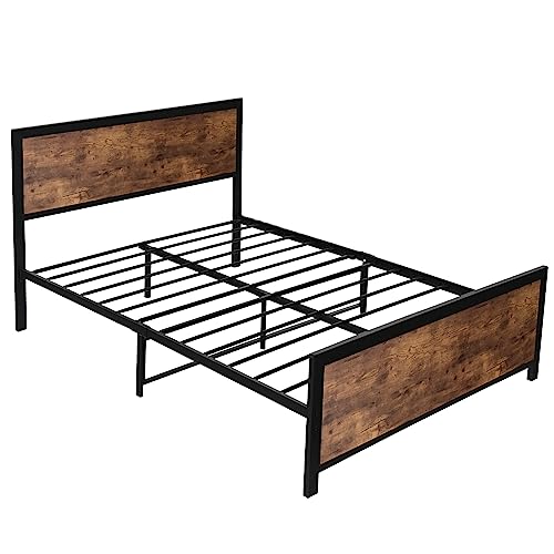 Queen Size Platform Metal Bed Frame With Wooden Headboard And Footboard/Rustic Country Style Mattress Foundation /No Box Spring Needed/Under Bed Storage/Strong Slat Support, Rustic Brown (Queen) #TOP6