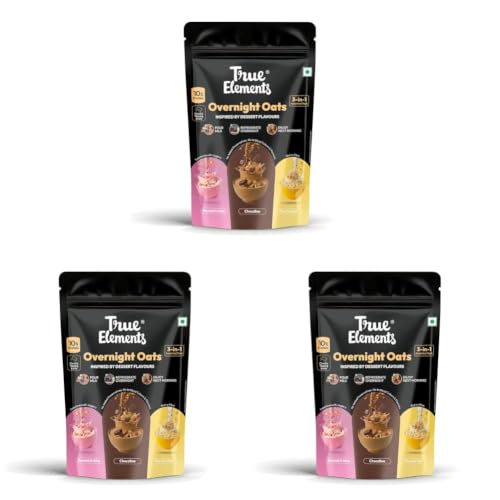 Image of True Elements Overnight Oats | 3-in-1 Assorted Dessert Flavours | High Protein, High Fibre | No Added Preservatives | Easy Breakfast | 10% Protein (Pack of 3)