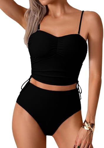 Pink Queen Women's 2 Piece Bikini Swimsuits High Waisted Tummy Control Bathing Suit Modest Drawstring Ruched Summer Swimwear