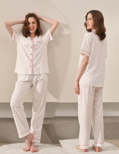 Image of NAP BOUND 100% Cotton Women's Pajama Sets Short Sleeve Button Down Soft Pjs 2 Piece Lounge Set with Pocket Nightwear XS-XXL