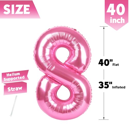 Image of 40 Inch Pink Number 8 Balloon Birthday Party Decorations for Men & Women | 40 Inch Pink inflatable foil number balloons, large birthday decorations for 8th birthday