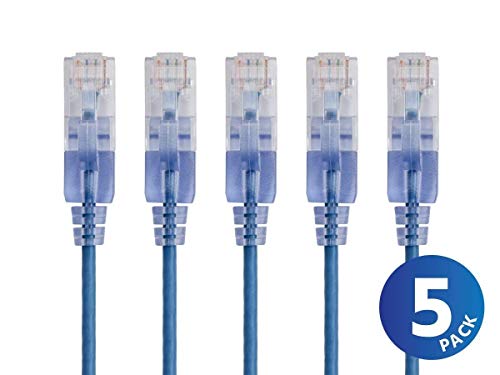 Image of Monoprice Cat6A Ethernet Patch Cable - 7 Feet - Blue | Network Internet Cord - RJ45, 550Mhz, UTP, Pure Bare Copper Wire, 10G, 30AWG, 5-Pack - SlimRun Series