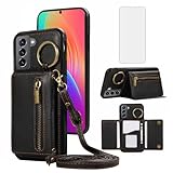 Asuwish Compatible with Samsung Galaxy S21 FE 5G Wallet Case with Screen Protector and Crossbody Shoulder Strap Card Holder Cell Phone Cover for S 21 EF S21FE5G UW S21FE 21S G5 6.4 inch Women Black