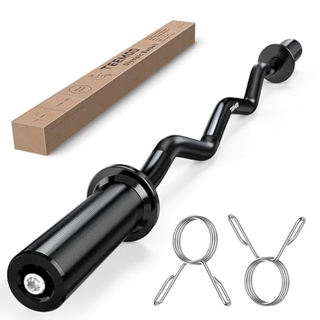 TEEMOO Olympic EZ Curl Barbell Bar, 47 Curl Bar with 2 Spring Collars,Curling bar for Weight Lifting, Squat, Hip Thrusts, Biceps, 500lb Weight Capacity, E-Coat Finish for 2 inch Weight Plates (Black)