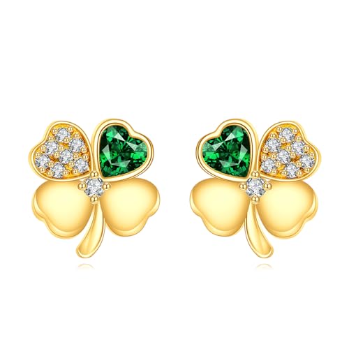 Gold Clover Stud Earrings 14K Gold Celtic Shamrock Leverback Earrings Irish Good Lucky Jewelry for Women