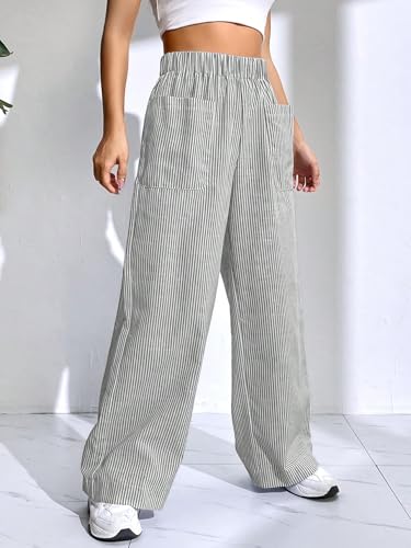 Women's Elastic High Waist Pocket Front Striped Print Wide Leg Pants