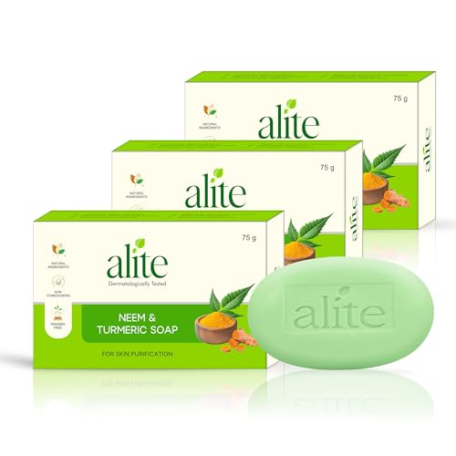 Image of Alite Neem & Turmeric Soap for Skin Purification & Natural Glow | Herbal Bath Soap with Neem Oil & Turmeric Extract | Cleanses Tan Build-Up, Supports Even-Toned Skin | Men Women | Paraben-Free | 75g Each Pack of 3