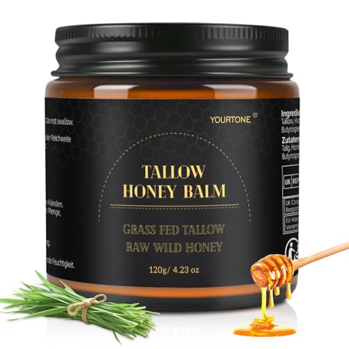 Beef Tallow for Skin, Tallow and Honey Balm for Face, Grass-fed Beef Tallow Face Moisturizer for Deep Nourish and Soothe Dry Skin (4.23oz/120g)