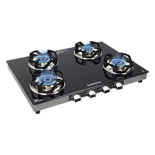 Image of Everflame Atlas 4 Burner Gas Stove | Ultra-Premium 8mm Toughened Glass Top | Euro-Coated Pan Support | LPG Ready & PNG Convertible | Manual Ignition | 2 Years Warranty + Free Doorstep Service