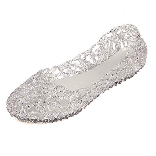 Domucos Womens Sandals Flat Jelly Shoes Slip On Hollow Out Loafers, Silver, 8.5