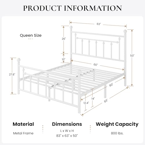 SHA CERLIN 14'' Queen Size Metal Platform Bed Frame/Victorian Headboard and Footboard/Steel Slats Mattress Foundation for Storage/No Box Spring Needed/Noise Free/White