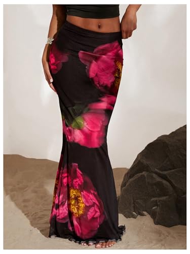 GORGLITTER Women's Mesh Sheer Long Skirts Low Waist Floral Lettuce Trim Fishtail Flowy Bodycon Maxi Skirts4
