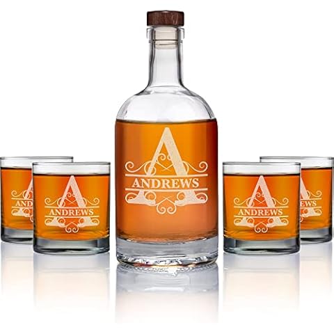 Personalized Whiskey Decanter Set for Men - Custom 5PC Monogram Whiskey Decanter and Glass Set - Scotch, Liquor Cups for Dad - Customized Bourbon Decanter Set with Glasses by On The Rox Drinks Cover
