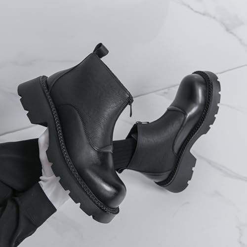 Men's Fashion Leather High-Top Pull On Platform Chunky Heel Chelsea Boots Round Toe Lug Sole Non-Slip Casual Shoes for Walking Dress Party Office Work4