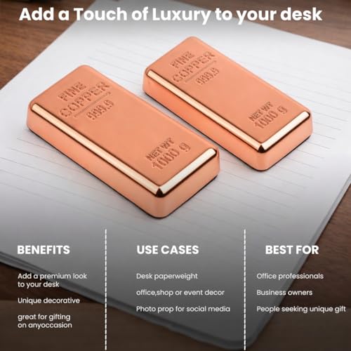Image of ZAHEPA Realistic Metal Copper Bar Paperweight for Office Table, Fake Copper Biscuit Paper Weight Table Decoration, Prop for Jewellery Shop & Heist Theme, Unique Gift for Home & Office (Pack of 2)