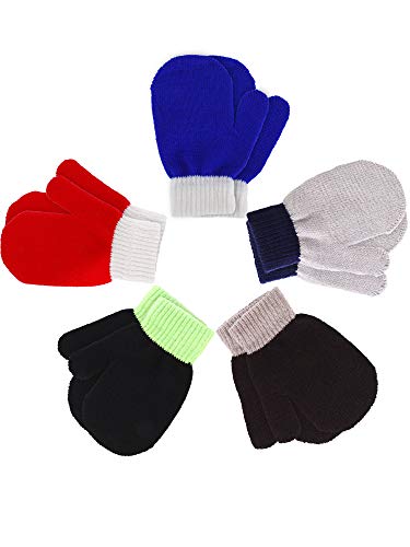 Boao 5 Pairs Stretch Full Finger Mittens Knitted Gloves Winter Warm Kid Gloves for Baby Boys and Girls Supplies (5-10 Years Size)