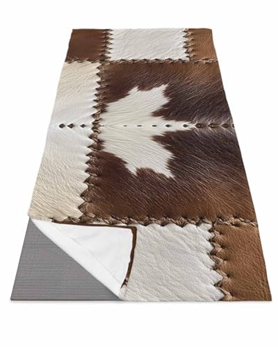 BOSIJOY Yoga Mat Towel,Brown White Cowhide Non Slip Sweat Absorbent Hot Yoga Towels with Corner Pockets,Western Farmhouse Animal Skin Leather Soft Microfiber Towel for Pilates Bikram 74