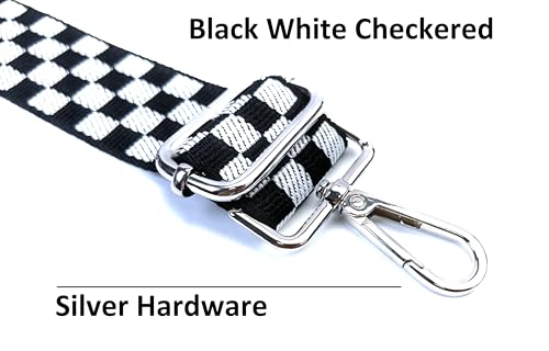 Image of Black White Checkered Purse Strap with Silver Hardware 1-1 /2 Inch Wide Replacement Crossbody Guitar Style Shoulder Strap for Handbags Totes