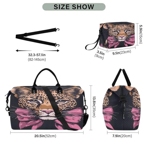 Leopard Bow Black Travel Duffle Bag Gym Bag Weekender Bags with Toiletry Bag Travel Trip Tote Bag3