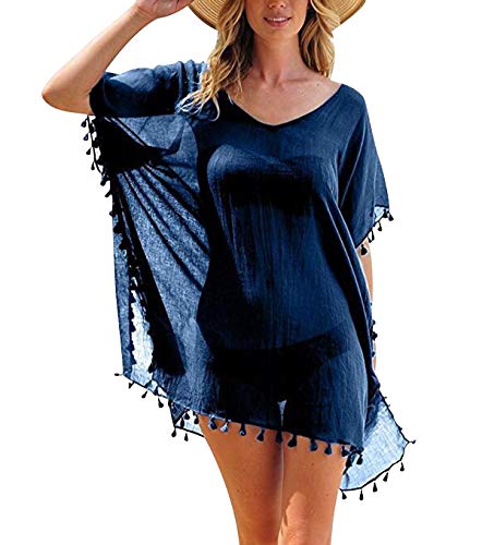 Robe de Plage Femme Courte Tunique Tenue Caftan de Plage Col en V Maillot de Bain Bikini Cover Up Frange Kaftan Sortie Vetement de Plage Chemise Robes de...