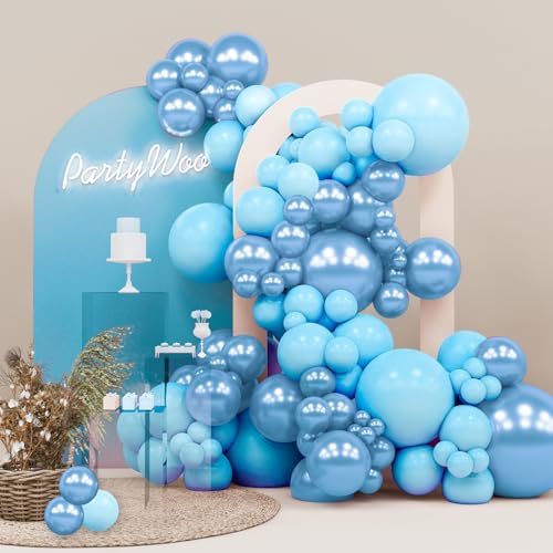 Image of PartyWoo Light Blue Balloons, 140 pcs Light Blue and Metallic Blue Balloons Different Sizes Pack of 18 Inch 12 Inch 10 Inch 5 Inch for Balloon Garland Arch as Birthday Decorations, Party Decorations