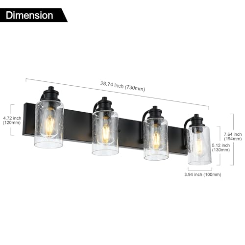Image of 4-Light Bathroom Vanity Light Fixtures, 28 inch Black Wall Sconce with Seedy Glass Shades, Modern Bathroom Lighting for Mirror, Hallway, Bedroom, Living Room