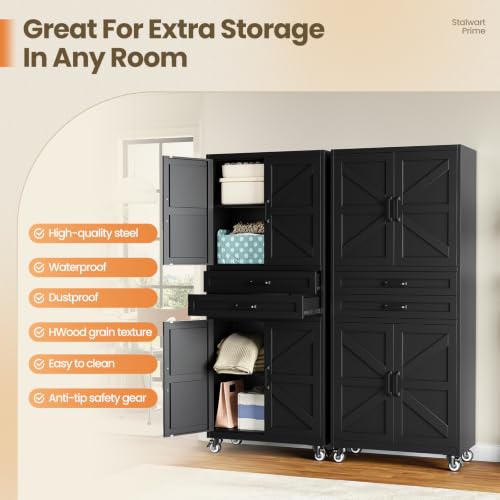 Image of Black Metal Garage Storage Cabinet Rolling Kitchen Storage Pantry Cabinet